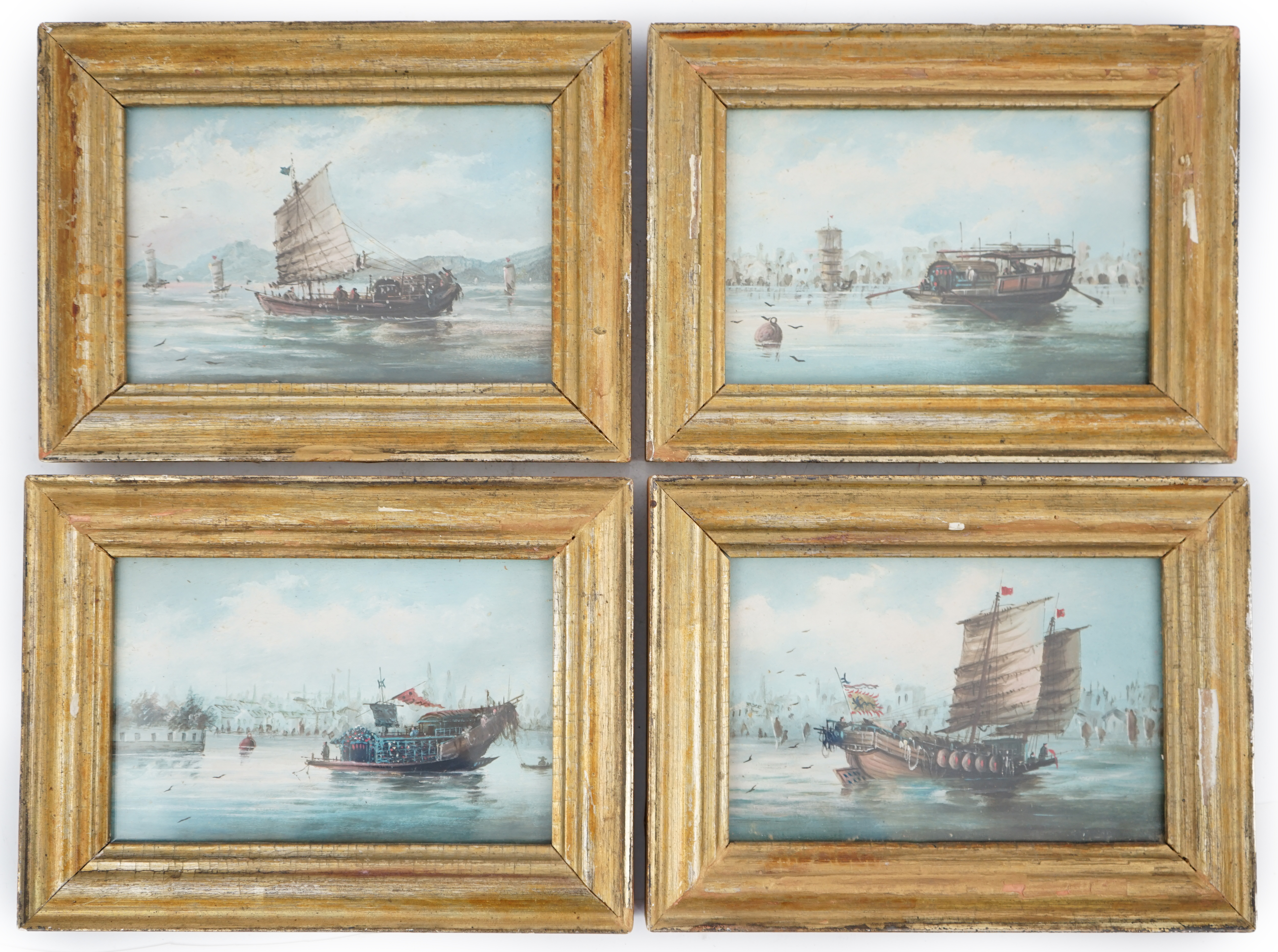 Chinese school, late 19th century, a set of four oils on board, shipping in Chinese harbours